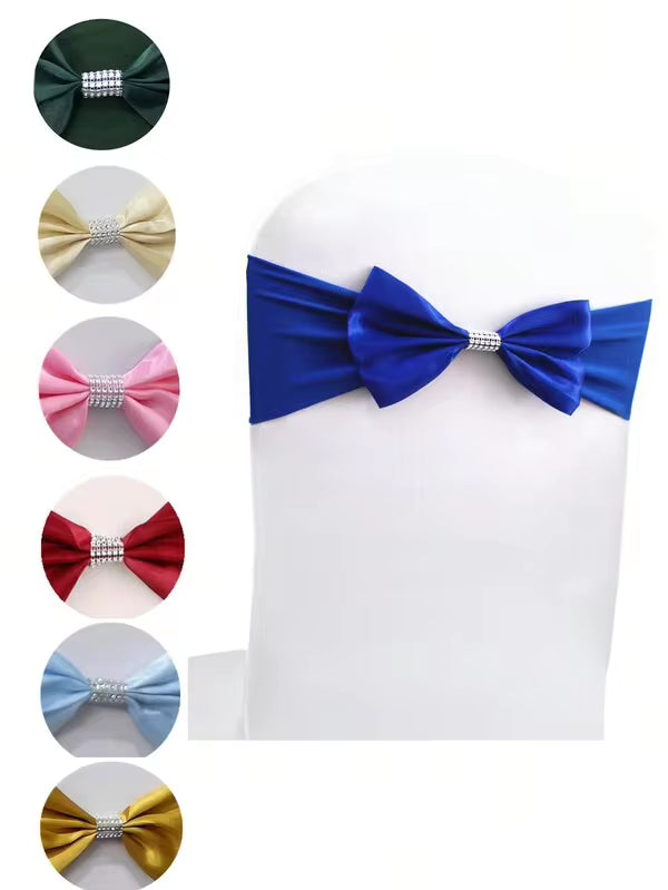 5pcs/25pcs Elastic Spandex Bowknot Chair Sash With Rhinestone Buckle, Satin Chair Back Ribbon For Wedding, Party, Event, Hotel, Birthday, Christmas Decoration