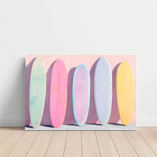 1pc Solid Wood Frame Girly Pastel Surfboards Painting, Pink Beach House Theme Canvas Posters & Prints, Large Canvas Wall Art, 2D Flat, Easy Hang Tabletop Or Wall Display, For Halloween, ChristmasGifts, Bedroom, Living Room, Decoration Ready To Hang